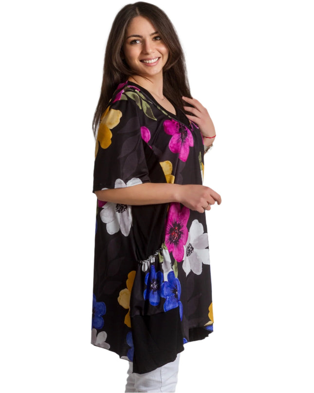 Разкроена макси туника в десен на красиви цветя - 4XL,5XL - Maxi Market