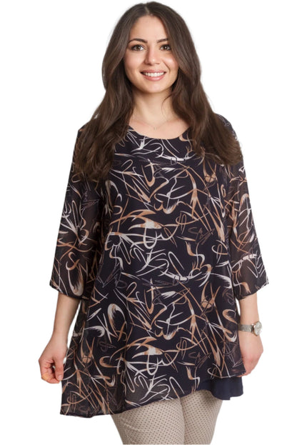 Разкроена тъмносиня туника с 3/4 ръкави и шифон - Maxi Market