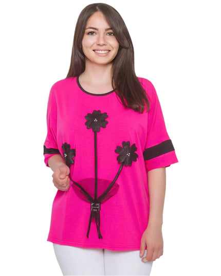 Розова дамска блуза с апликация на цветя - флорален десен - еластична и удобна - Пролет - Лято - Произведено в България - Maxi Market