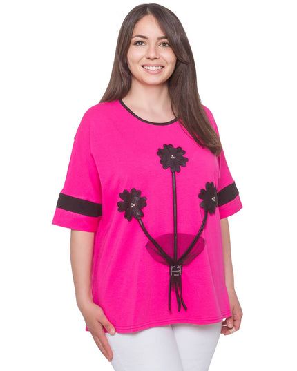 Розова дамска блуза с апликация на цветя - флорален десен - еластична и удобна - Пролет - Лято - Произведено в България - Maxi Market