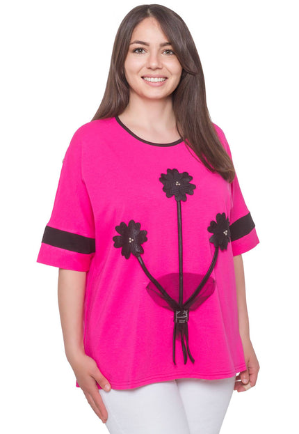 Розова дамска блуза с апликация на цветя - флорален десен - еластична и удобна - Пролет - Лято - Произведено в България - Maxi Market