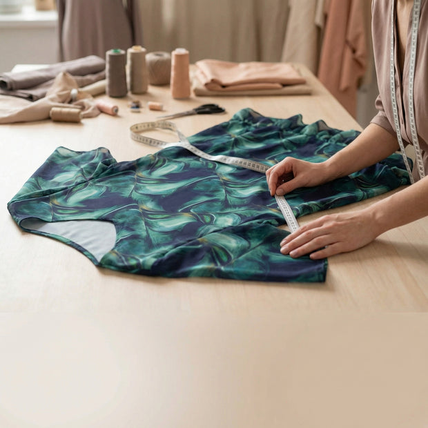 Жена шивач измерва рокля върху маса в ателие с метър и работни материали