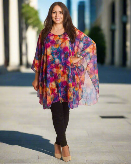 Шифонена туника с флорален десен и свободна кройка - Maxi Market