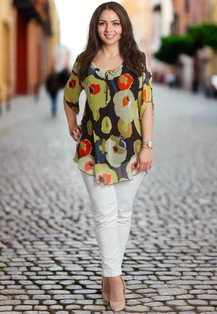Шифонена туника в флорален десен и свободна кройка - Maxi Market