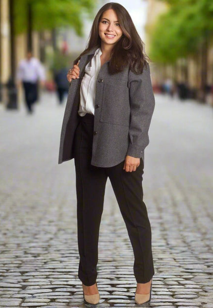 Сив стилен жакет в големи размери с джобове - Maxi Market