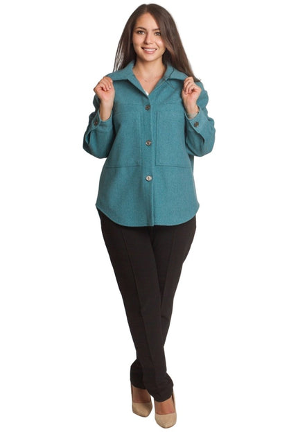 Стилен жакет с джобове в петролен цвят и големи размери - Maxi Market