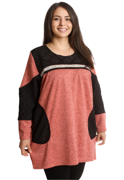 Стилна коралова туника с джобчета и обло деколте - Maxi Market