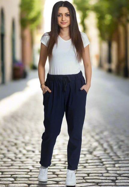 Свободен панталон с висока талия и джобове в тъмносин цвят - Maxi Market