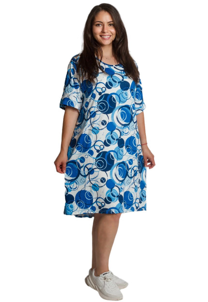 Свободна рокля с джобове и абстрактен десен в синьо - Maxi Market