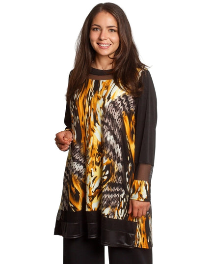 Свободна туника с абстрактен десен в жълто - оранжеви тонове - Maxi Market