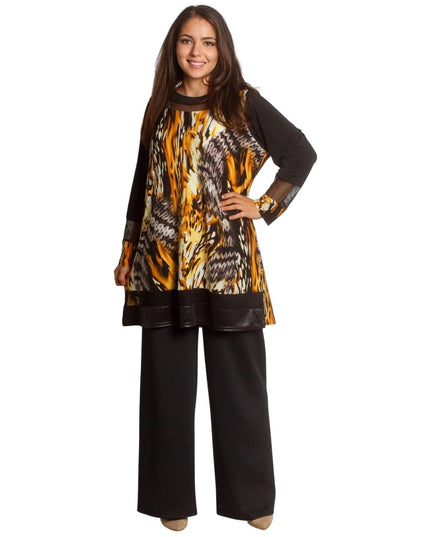 Свободна туника с абстрактен десен в жълто - оранжеви тонове - Maxi Market