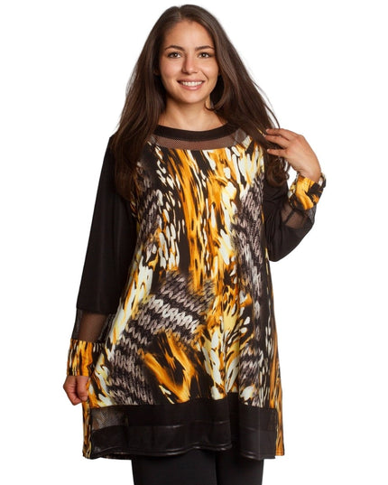Свободна туника с абстрактен десен в жълто - оранжеви тонове - Maxi Market