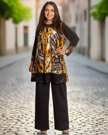 Свободна туника с абстрактен десен в жълто - оранжеви тонове - Maxi Market