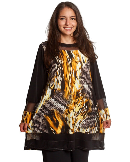 Свободна туника с абстрактен десен в жълто - оранжеви тонове - Maxi Market