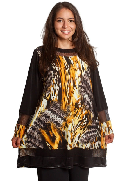 Свободна туника с абстрактен десен в жълто - оранжеви тонове - Maxi Market