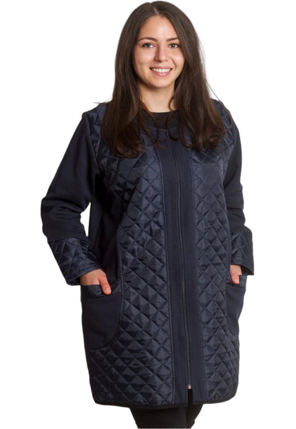 Тъмносин капитониран жакет с джобове и цип в големи размери - Maxi Market