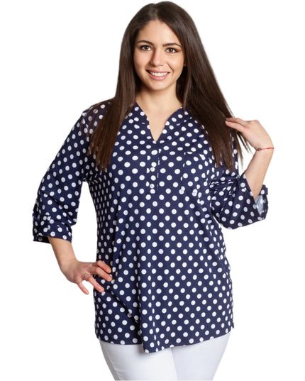 Тъмносиня макси риза на бели точки с V - образно деколте 5XL 6XL 7XL - Maxi Market
