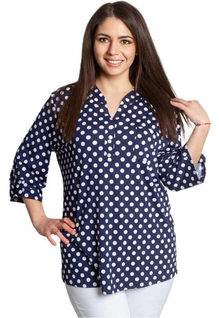 Тъмносиня макси риза на бели точки с V - образно деколте 5XL 6XL 7XL - Maxi Market