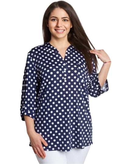 Тъмносиня макси риза на бели точки с V - образно деколте 5XL 6XL 7XL - Maxi Market