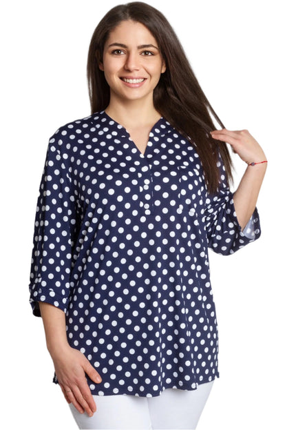 Тъмносиня макси риза на бели точки с V - образно деколте 5XL 6XL 7XL - Maxi Market