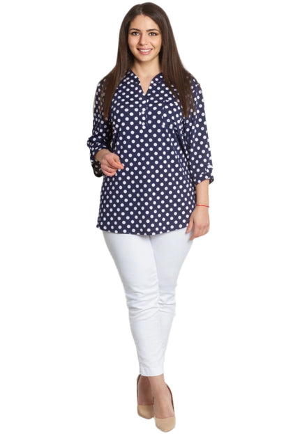 Тъмносиня макси риза на бели точки с V - образно деколте 5XL 6XL 7XL - Maxi Market