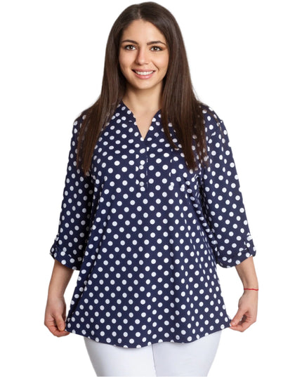 Тъмносиня макси риза на бели точки с V - образно деколте 5XL 6XL 7XL - Maxi Market