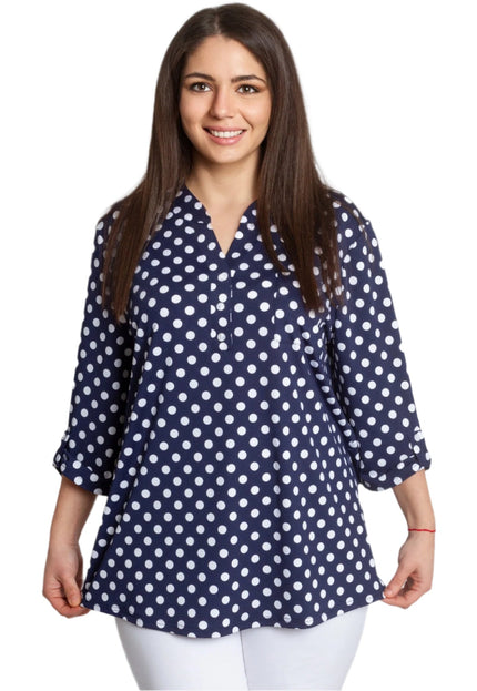 Тъмносиня макси риза на бели точки с V - образно деколте 5XL 6XL 7XL - Maxi Market