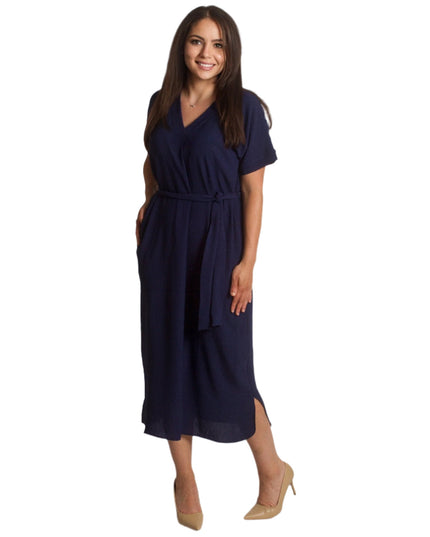 Тъмносиня права рокля с V - деколте и коланче в макси размери - Maxi Market