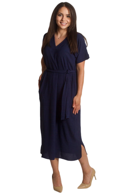 Тъмносиня права рокля с V - деколте и коланче в макси размери - Maxi Market