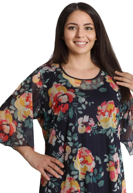 Тъмносиня рокля от две части на цветя - Шифон - 3XL,4XL - Произведено в България - Пролет - Лято - Maxi Market