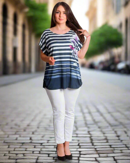Туника на райе - красиви цветя - 3XL - 6XL - Пролет - Лято - Maxi Market