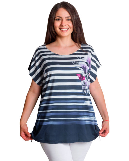 Туника на райе - красиви цветя и пеперуди - 3XL - 6XL - Пролет - Лято - Maxi Market