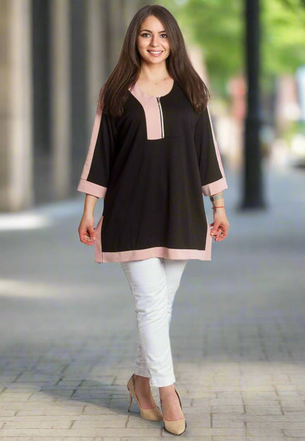 Туника с декоративен цип и розови акценти в големи размери - Maxi Market