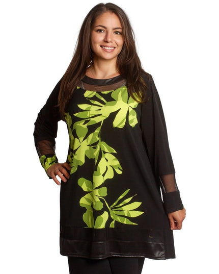 Туника с флорален принт в зелено и мрежести акценти - Maxi Market