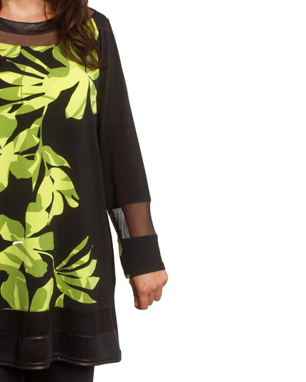 Туника с флорален принт в зелено и мрежести акценти - Maxi Market