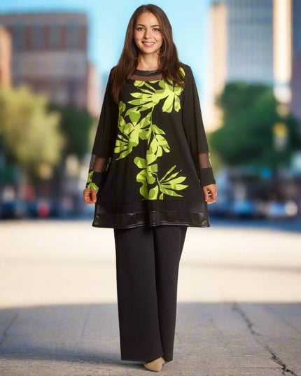 Туника с флорален принт в зелено и мрежести акценти - Maxi Market