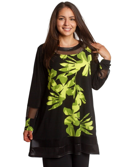 Туника с флорален принт в зелено и мрежести акценти - Maxi Market