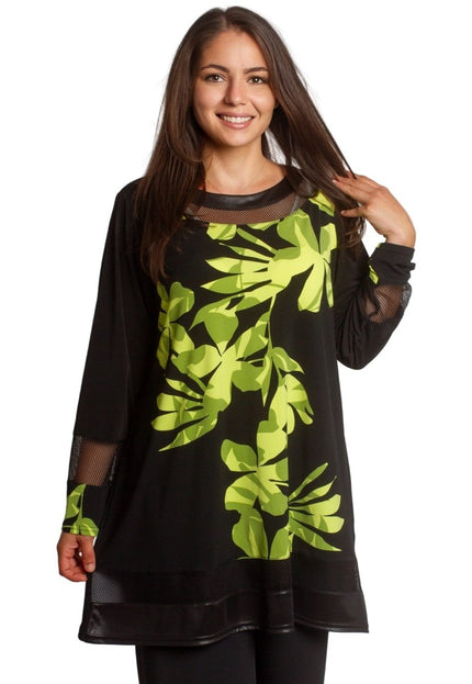 Туника с флорален принт в зелено и мрежести акценти - Maxi Market