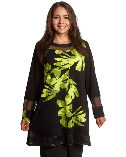 Туника с флорален принт в зелено и мрежести акценти - Maxi Market