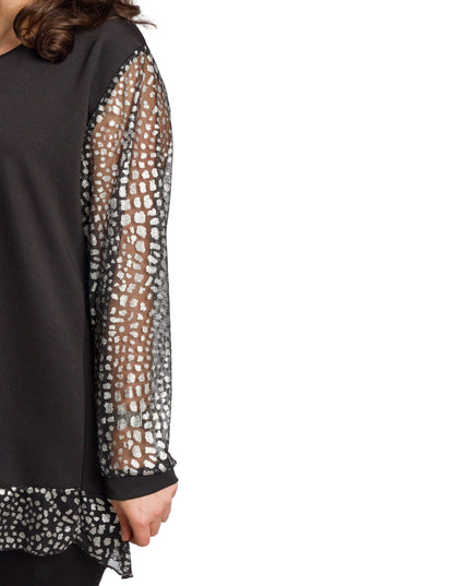 Елегантна черна туника с прозрачни ръкави и сребрист принт