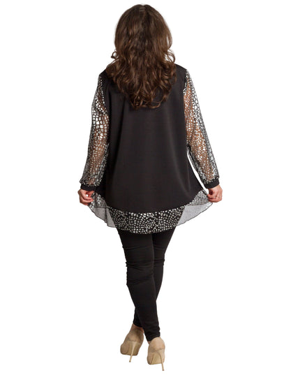 Елегантна черна туника с прозрачни ръкави и сребрист принт