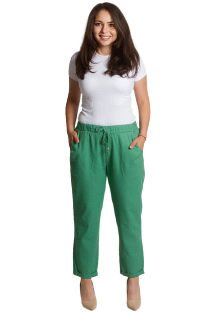 Зелен ленен панталон с джобове и връзки в големи размери - Maxi Market