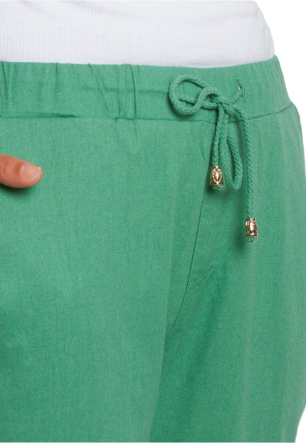 Зелен ленен панталон с джобове и връзки в големи размери - Maxi Market