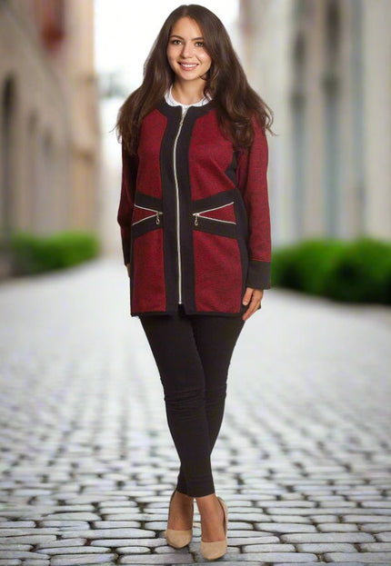 Жакет в бордо с цип и декоративни джобове в големи размери - Maxi Market