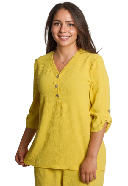 Жълта риза с V - образно деколте и декоративни копчета - Maxi Market