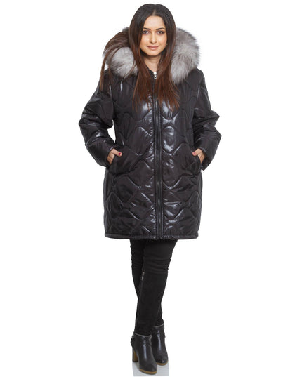 3XL-8XL Черно зимно яке с качулка от естествен косъм в макси размери