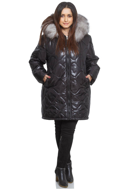 3XL-8XL Черно зимно яке с качулка от естествен косъм в макси размери