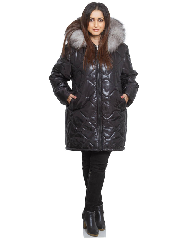 3XL-8XL Черно зимно яке с качулка от естествен косъм в макси размери