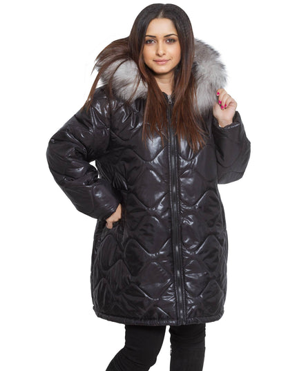 3XL-8XL Черно зимно яке с качулка от естествен косъм в макси размери