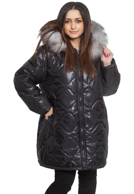 3XL-8XL Черно зимно яке с качулка от естествен косъм в макси размери